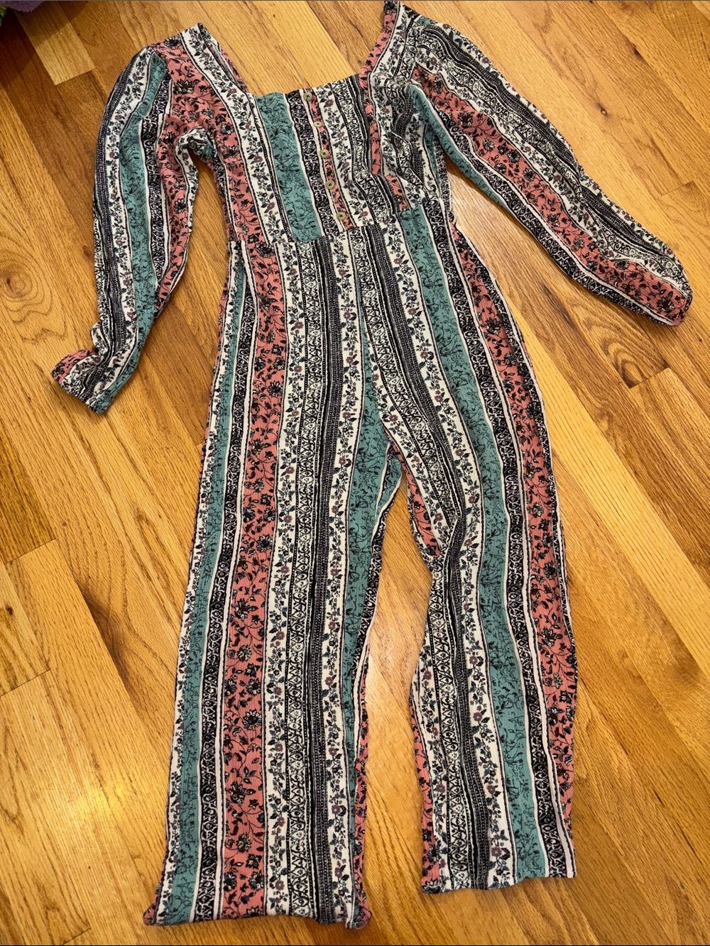 Floral Stripe Wide-Leg Jumpsuit in Teal and Dusty Rose